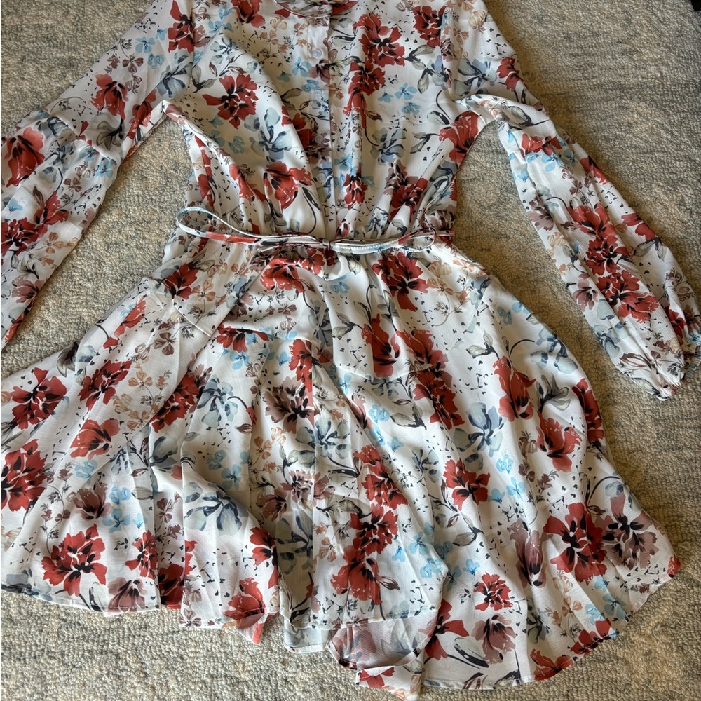 Clarisbelle Women’s Small Floral Long Sleeve Dress with String Belt